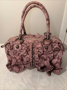 Y2K-era bebe Ruffle Snakeskin Satchel Handbag